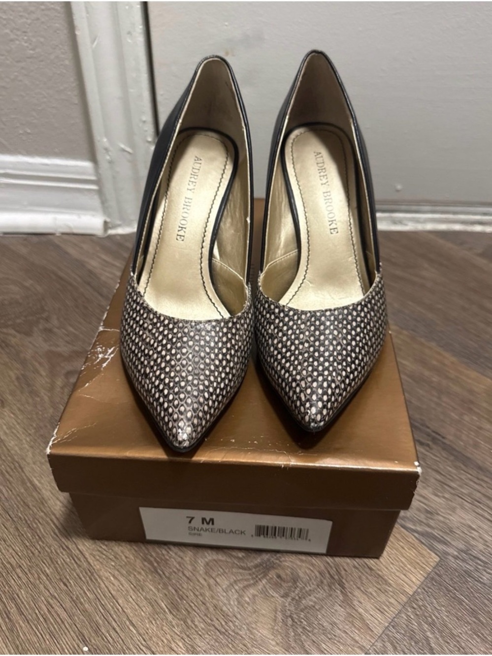 Audrey Brooke Black and Tan Snake-Effect Pointed Toe Pumps